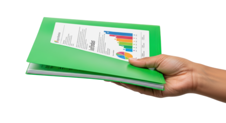 A hand holding a green folder containing a document with charts and graphs on a black background