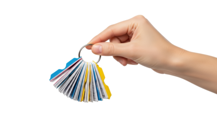 A hand holding a metal ring with colorful flashcards attached against a black background image view