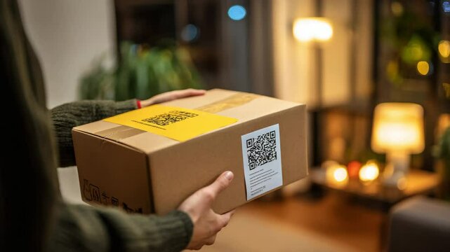 Delivery of a package in a cozy indoor setting at night