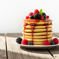 Stack of golden pancakes topped with fresh berries and glossy jam, morning light and rustic wooden table, cozy breakfast setting copy