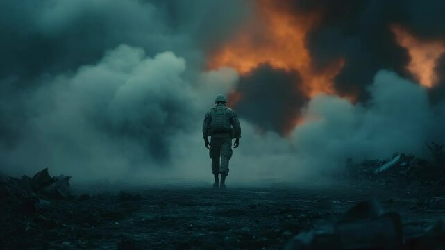 Soldier in full gear walks alone through smoky battlefield with blazing fire ahead, cinematic style, dark warzone background, concept of conflict