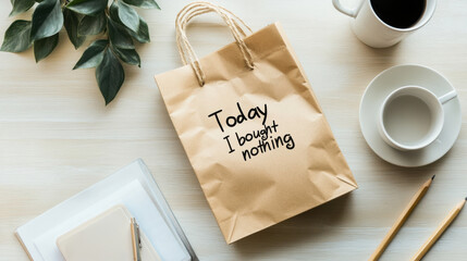 Paper shopping bag puffed with air and labeled “Today I bought nothing”