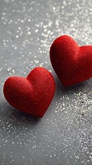 Red Glitter Hearts Placed on a Silver Sparkly Background for a Romantic Celebration