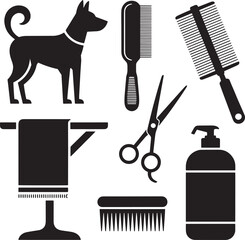 Dog grooming tools including combs scissors and shampoo vector