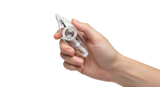 A hand holding a clear correction tape dispenser against a black and white gradient background space