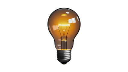 A close-up of a classic incandescent light bulb, which glows with a warm orange-yellow light. The tungsten filament is visible inside the clear glass bulb. The metal base is underneath. The image is h