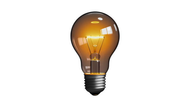 A close-up of a classic incandescent light bulb, which glows with a warm orange-yellow light. The tungsten filament is visible inside the clear glass bulb. The metal base is underneath. The image is h