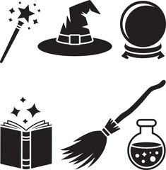 Magical objects including wand hat crystal ball book broom potion star witch