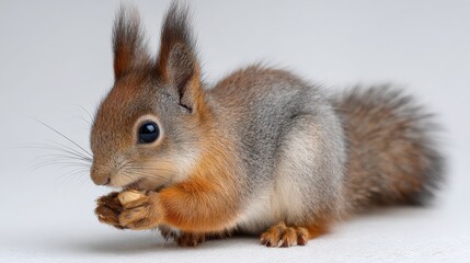 Obraz premium Adorable Young Squirrel Feasting on Seeds Against a Clean White Backdrop