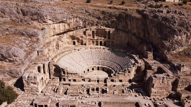 Ancient roman amphitheater carved into a rocky hillside showcasing tiered seating and weathered stone architecture under a bright sky