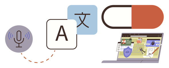 Microphone, multilingual text icons, capsule, and laptop screen with protected data visualization. Ideal for communication, translation, security, healthcare, technology innovation education