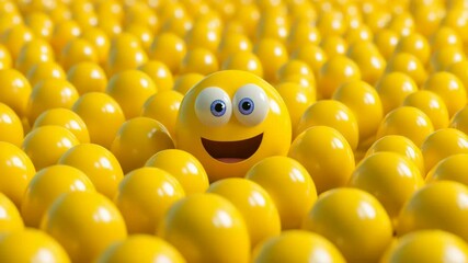 Bright yellow happy face with big eyes stands out among many glossy spheres, in a playful style over a blurred yellow background concept of uniqueness