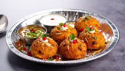 Fototapeta premium Delhi Aloo Tikki Chaat with Curd and Pomegranate