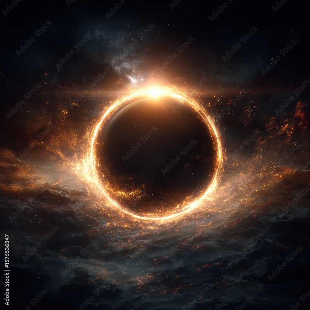 Sticker celestial fire ring: cosmic eclipse event in outer space with brilliant sunbeams and abstract astron