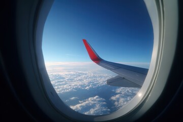 Fototapeta premium Serene Aerial Perspective: Airplane Wing Framed by Window Against a Calm Sky