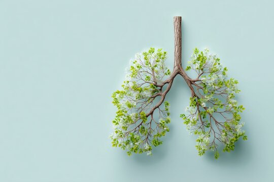 Branches shaped like human lungs with green leaves and small flowers on light green background.