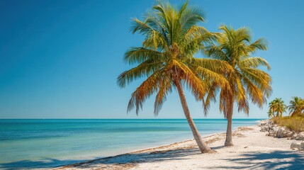 Deserted Smathers Beach in Key West, Florida: Palm Trees Against a Bright Blue Sky on a Serene Summer Day