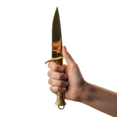 hand holding golden knife on Isolated transparent background png. generated with AI