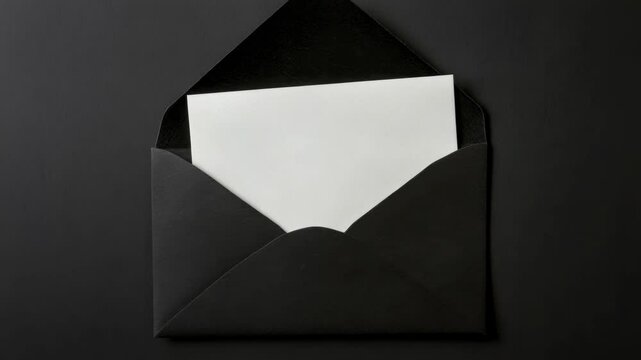 Black envelope containing a blank white card, photographed in a minimalistic style on a dark background, representing formal communication concept