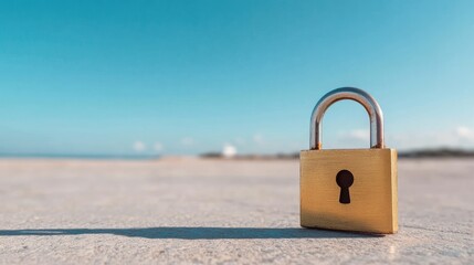 Naklejka premium Gold padlock on concrete against bright sky