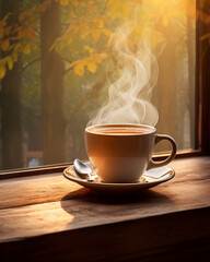 Hot coffee cup on wooden table beside window, morning sunlight, cozy atmosphere,