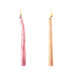 Pink and orange wax candles with a planet. Watercolor set of hand-drawn illustrations on an isolated background, suitable for different holidays, birthdays, weddings, romantic holidays