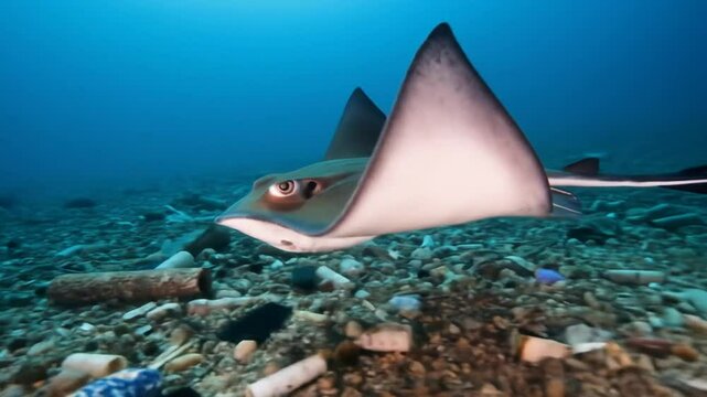 Cownose Ray Swimming Over Polluted Ocean Floor