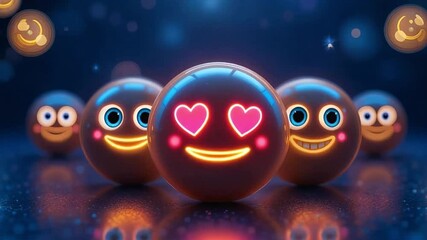 Glowing digital emoji faces with heart eyes smiling in a dark background, showing love and happiness through expressive and colorful cartoon characters - Powered by Adobe