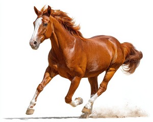 Obraz premium Dynamic Equine in Motion: A Red Mare with Three White Legs and a Stripe on Its Face Gallops Gracefully Against a White Background