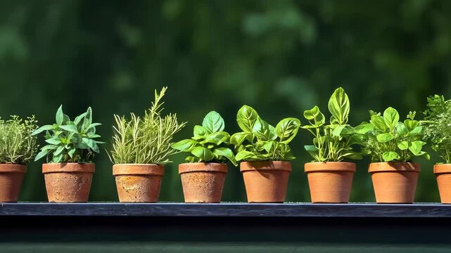 variety of herbs in terracotta pots on a shelf
