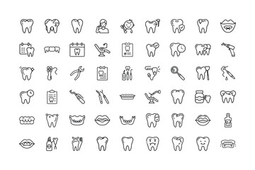 Collection of Dental Care and Dentistry Related Icons in Outline Style