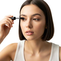 Fototapeta premium a beautiful young woman applying mascara against on Isolated transparent background png. generated with AI