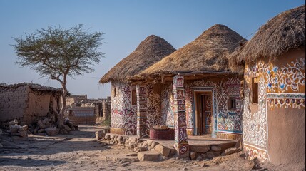 Charming Rajasthan Village Near Thar Desert: Mud Huts and Colourful Walls in a Picturesque Rural Landscape