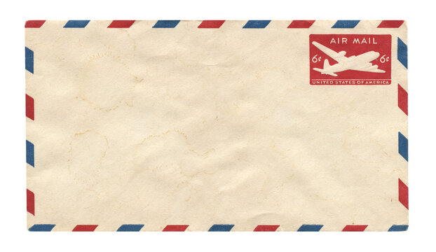 Vintage 1950s Blank Aged Airmail Envelope with Red and Blue Border - Old Yellowed Ephemera