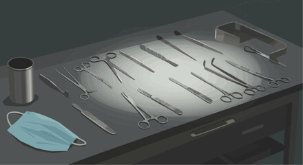 Surgical tools and mask arranged on a table in medical illustration  