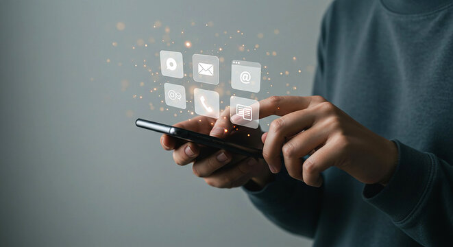 Person holding a smartphone with floating icons representing communication and contact methods shown above - Powered by Adobe