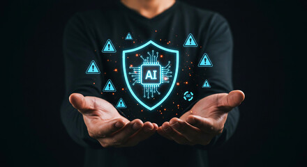 Person holding ai shield with warning signs floating around in a dark background setting scene view