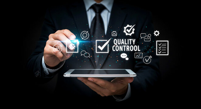 A person in suit holding a tablet with quality control icons floating above it on a black background
