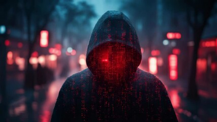 Hooded figure with glowing red digital face in a dark, rainy city street, cyberpunk aesthetic, symbolizing hacking or data breach threat - Powered by Adobe