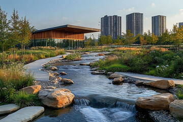 A scenic view of a stream flowing through a park with buildings in the background on a clear day time