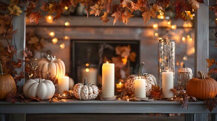 Cozy autumn decor with candles and pumpkins.