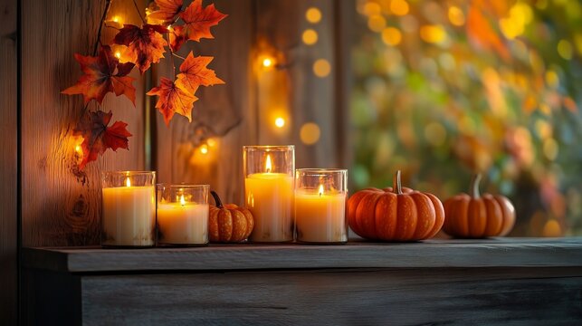 Cozy autumn decor with candles and pumpkins.