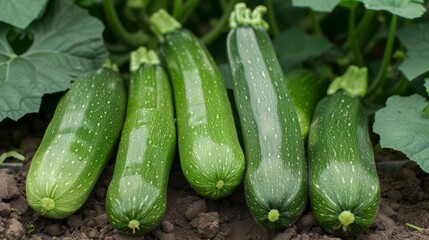 Freshly Picked Zucchini with Stalks on Display at the Market, Ready for Summer Recipes and Cooking