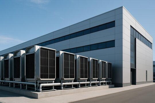 A modern and efficient data center building with large cooling towers, showcasing the infrastructure required for air-cooled water chillers and industrial-scale climate control.