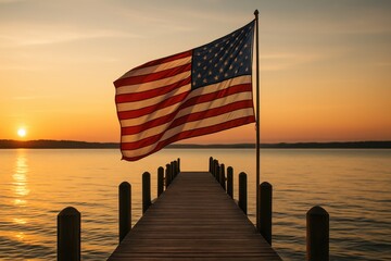 A patriotic and serene scene of an American flag waving gently on a wooden pier by a tranquil lake at golden hour, evoking a sense of peace and national pride.