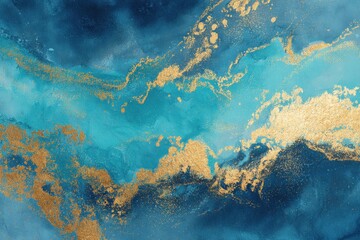 Turquoise and Gold Splash: Abstract Watercolor Background with Metallic Texture