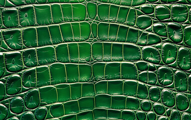 Fototapeta premium Green alligator skin texture. Abstract animal leather pattern background. Luxurious fashion concept. Decorative material for design and copy space.