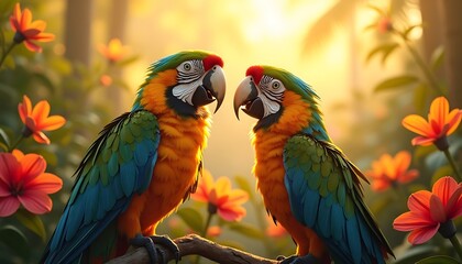 Fototapeta premium Two Colorful Macaws Perched on Branch Amid Vibrant Flowers at Sunset