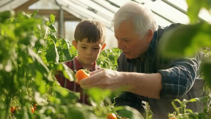 Grandfather and grandson gardening together in greenhouse - Powered by Adobe