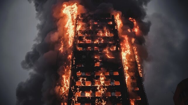Dramatic Scene of a High-Rise Apartment Building Engulfed in Flames During a Fire Emergency